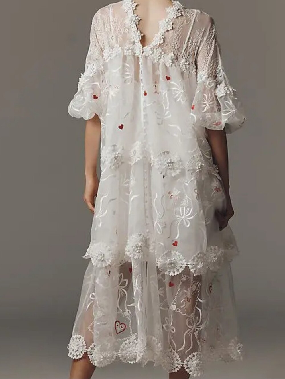 Delicate White Sheer Lace Midi Dress with Red Heart Accents